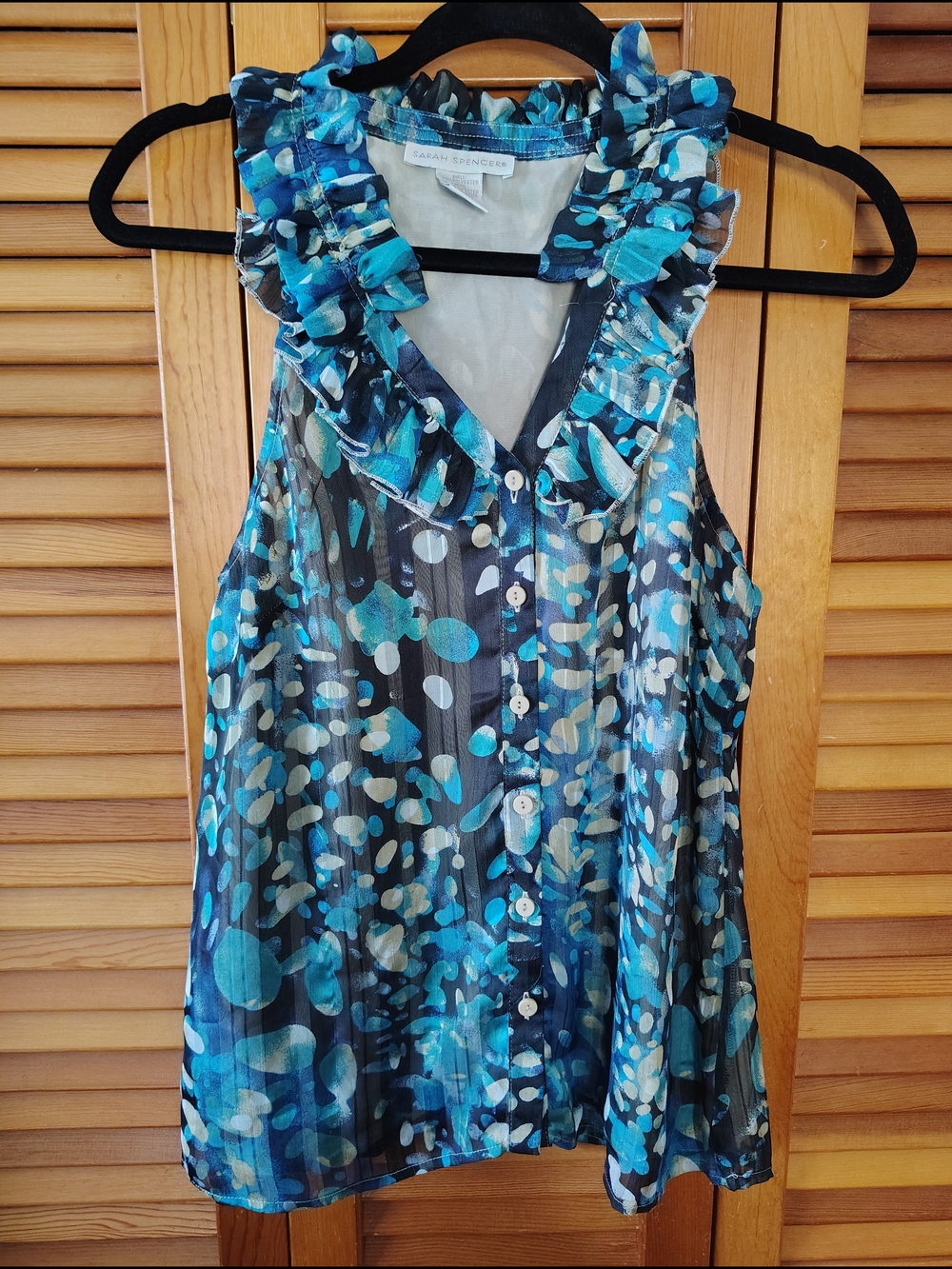 Sarah Spencer Teal Blue Ruffled Sleeveless Button-Front Blouse